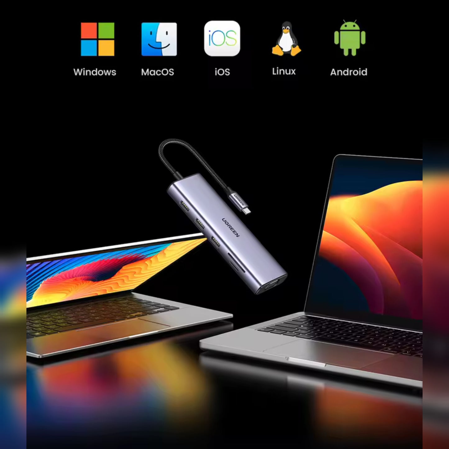 Ugreen estación de acoplamiento USB-C  concentrador 10 en 1: HDMI 4K, VGA, Ethernet de 1 Gbps, PD de 100 W, 3 puertos USB 3.0, ranura para tarjeta SD/TF y audio de 3,5 mm