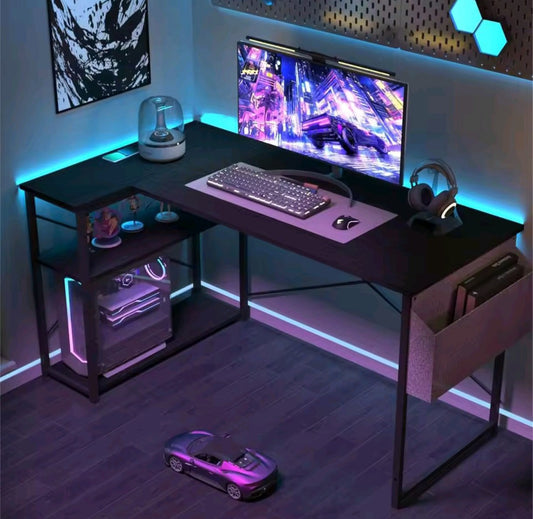 Escritorio en forma de  L con estantes de almacenamiento, mesa reversible para estudio trabajo gaming color Negro