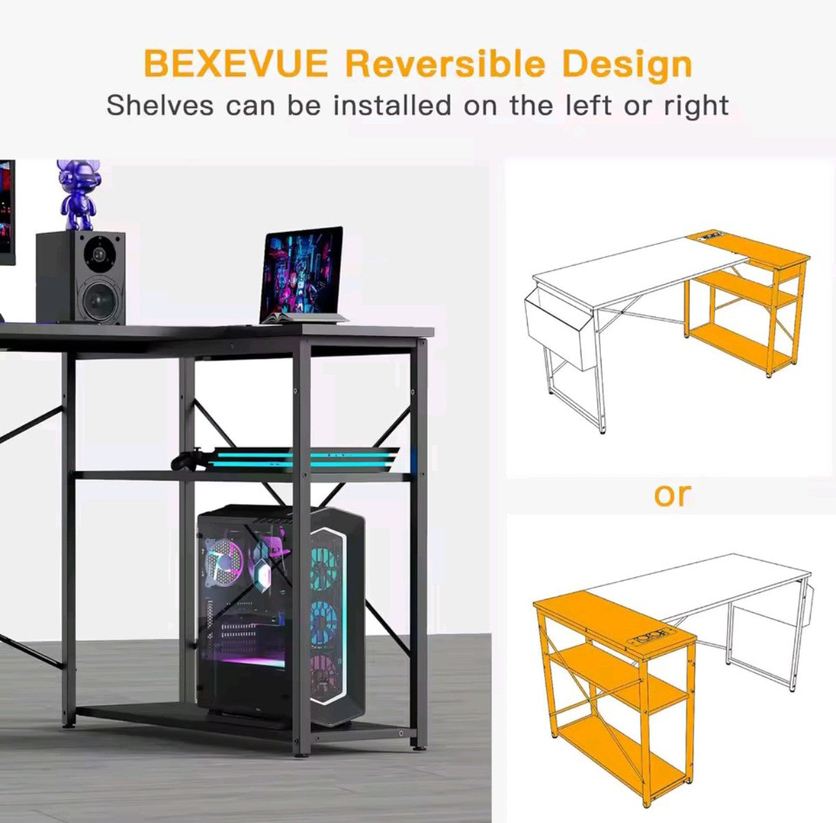 Escritorio en forma de  L con estantes de almacenamiento, mesa reversible para estudio trabajo gaming color Negro