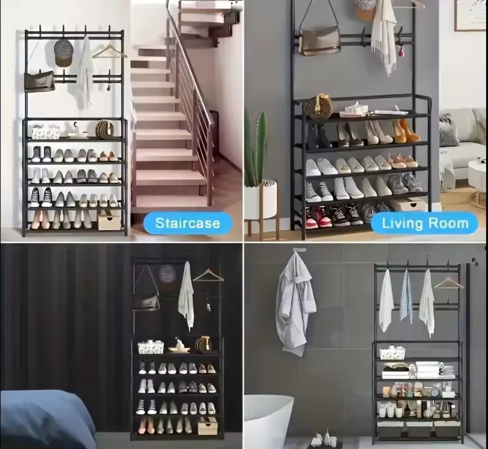 Perchero y zapatero multifuncional 5 niveles 170x80×28 cm color negro o blanco
