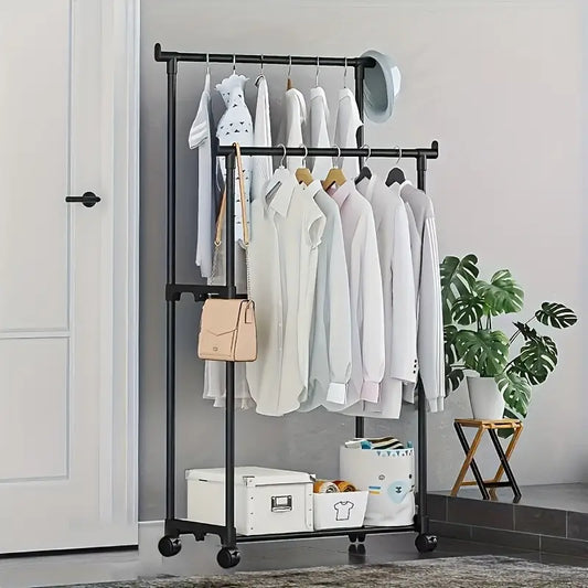 Coat rack with double bar and 360° rotating wheels 130 cm x 60 cm x 35 cm Black color